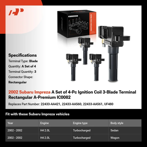 2002 Subaru Impreza A Set of 4-Pc Ignition Coil 3-Blade Terminal Rectangular A-Premium IC0082
