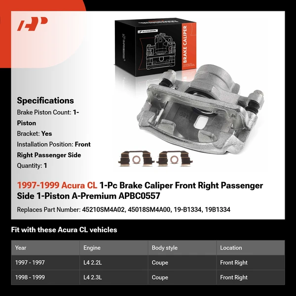 1997-1999 Acura CL 1-Pc Brake Caliper Front Right Passenger Side 1-Piston A-Premium APBC0557