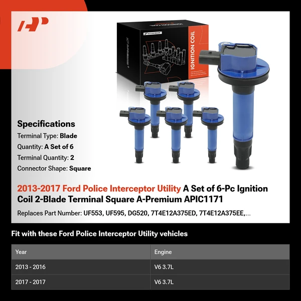 2013-2017 Ford Police Interceptor Utility A Set of 6-Pc Ignition Coil 2-Blade Terminal Square A-Premium APIC1171