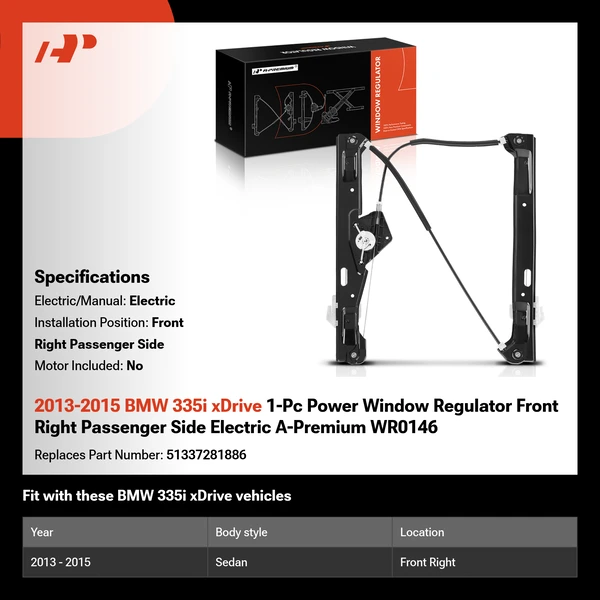 2013-2015 BMW 335i xDrive 1-Pc Power Window Regulator Front Right Passenger Side Electric A-Premium WR0146