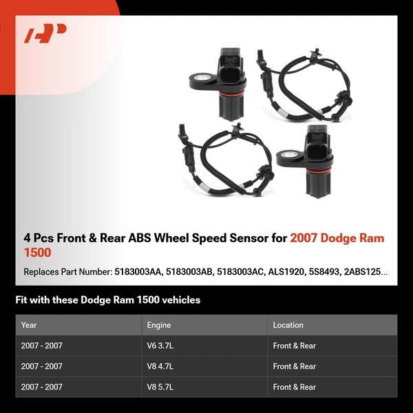 4 Pcs Front & Rear ABS Wheel Speed Sensor for 2007 Dodge Ram 1500