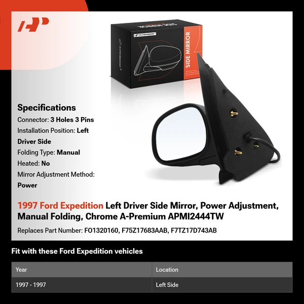 1997 Ford Expedition Left Driver Side Mirror, Power Adjustment, Manual Folding, Chrome A-Premium APMI2444TW