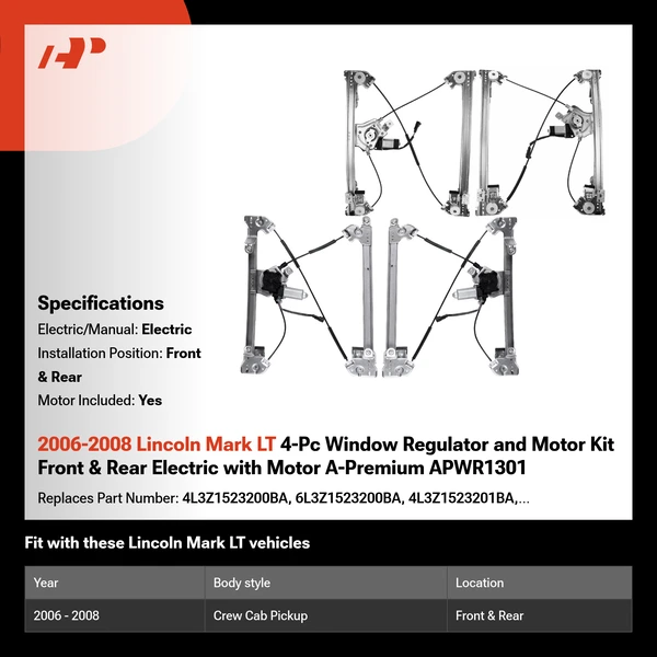 2006-2008 Lincoln Mark LT 4-Pc Window Regulator and Motor Kit Front & Rear Electric with Motor A-Premium APWR1301