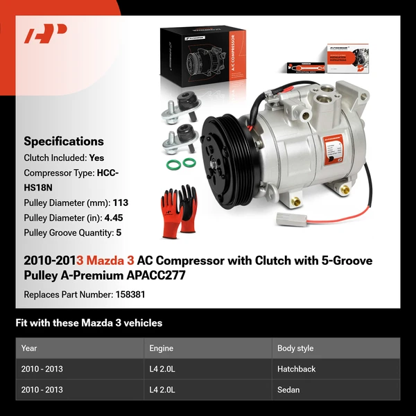2010-2013 Mazda 3 AC Compressor with Clutch with 5-Groove Pulley A-Premium APACC277