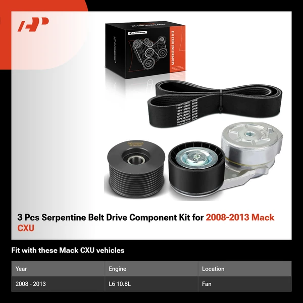 3 Pcs Serpentine Belt Drive Component Kit for 2008-2013 Mack CXU