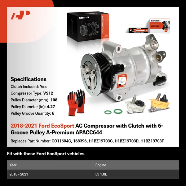 2018-2021 Ford EcoSport AC Compressor with Clutch with 6-Groove Pulley A-Premium APACC644