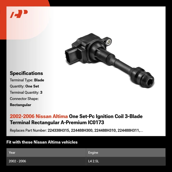 2002-2006 Nissan Altima One Set-Pc Ignition Coil 3-Blade Terminal Rectangular A-Premium IC0173