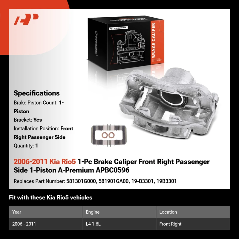 2006-2011 Kia Rio5 1-Pc Brake Caliper Front Right Passenger Side 1-Piston A-Premium APBC0596