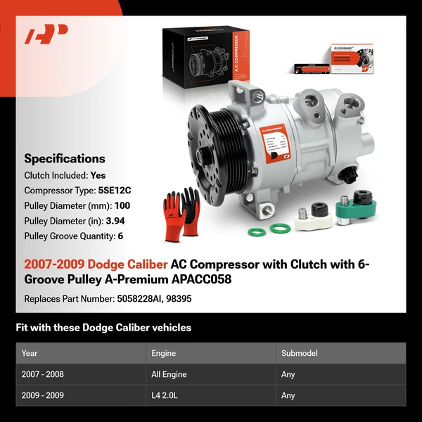 2007-2009 Dodge Caliber AC Compressor with Clutch with 6-Groove Pulley A-Premium APACC058