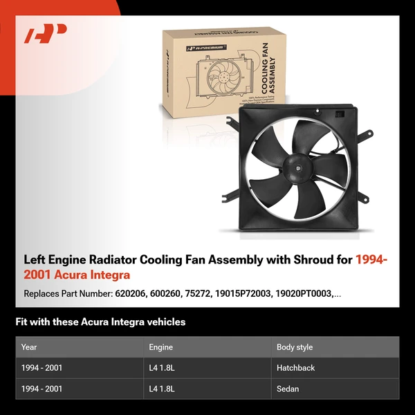 Left Engine Radiator Cooling Fan Assembly with Shroud for 1994-2001 Acura Integra