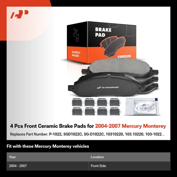 4 Pcs Front Ceramic Brake Pads for 2004-2007 Mercury Monterey