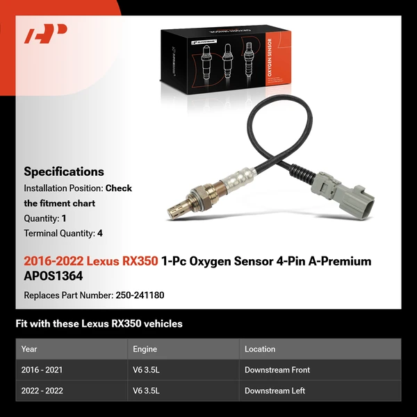 2016-2022 Lexus RX350 1-Pc Oxygen Sensor 4-Pin A-Premium APOS1364