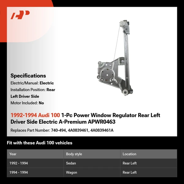 1992-1994 Audi 100 1-Pc Power Window Regulator Rear Left Driver Side Electric A-Premium APWR0463