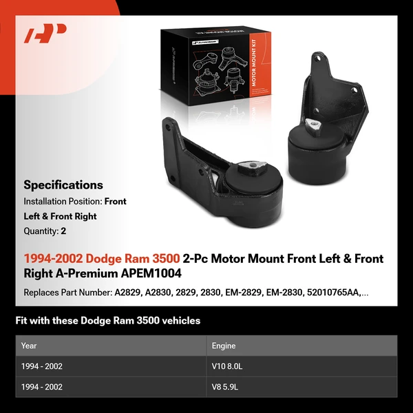 1994-2002 Dodge Ram 3500 2-Pc Motor Mount Front Left & Front Right A-Premium APEM1004