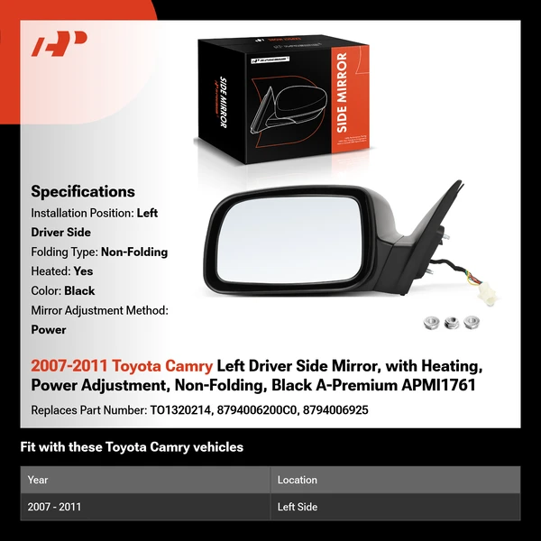 2007-2011 Toyota Camry Left Driver Side Mirror, with Heating, Power Adjustment, Non-Folding, Black A-Premium APMI1761