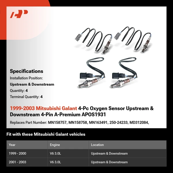 1999-2003 Mitsubishi Galant 4-Pc Oxygen Sensor Upstream & Downstream 4-Pin A-Premium APOS1931