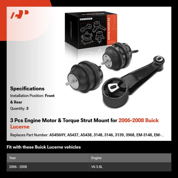 3 Pcs Engine Motor & Torque Strut Mount for 2006-2008 Buick Lucerne