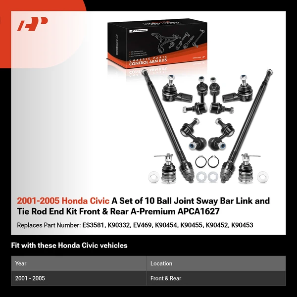 2001-2005 Honda Civic A Set of 10 Ball Joint Sway Bar Link and Tie Rod End Kit Front & Rear A-Premium APCA1627