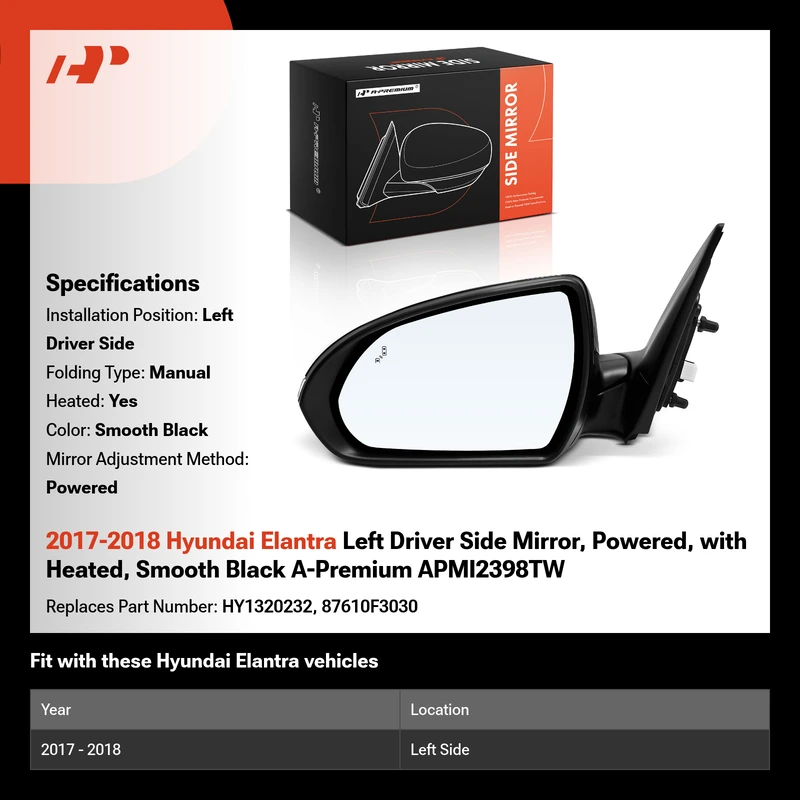 2017-2018 Hyundai Elantra Left Driver Side Mirror, Powered, with Heated, Smooth Black A-Premium APMI2398TW