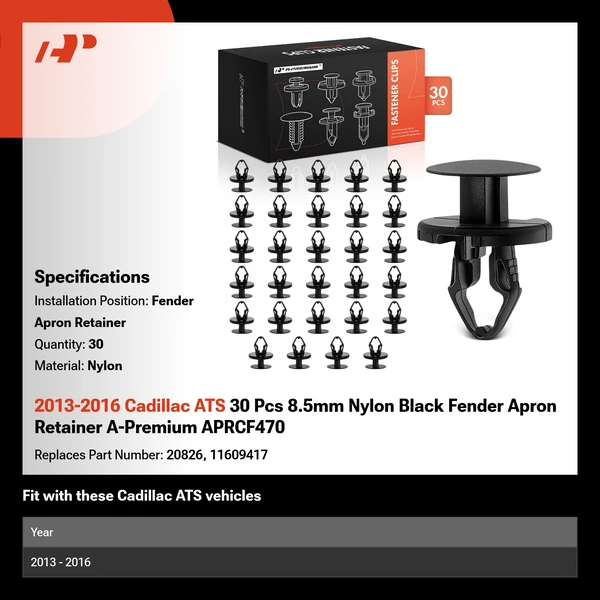 2013-2016 Cadillac ATS 30 Pcs 8.5mm Nylon Black Fender Apron Retainer A-Premium APRCF470