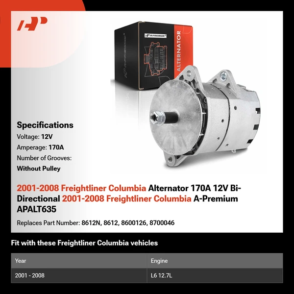 2001-2008 Freightliner Columbia Alternator 170A 12V Bi-Directional 2001-2008 Freightliner Columbia A-Premium APALT635