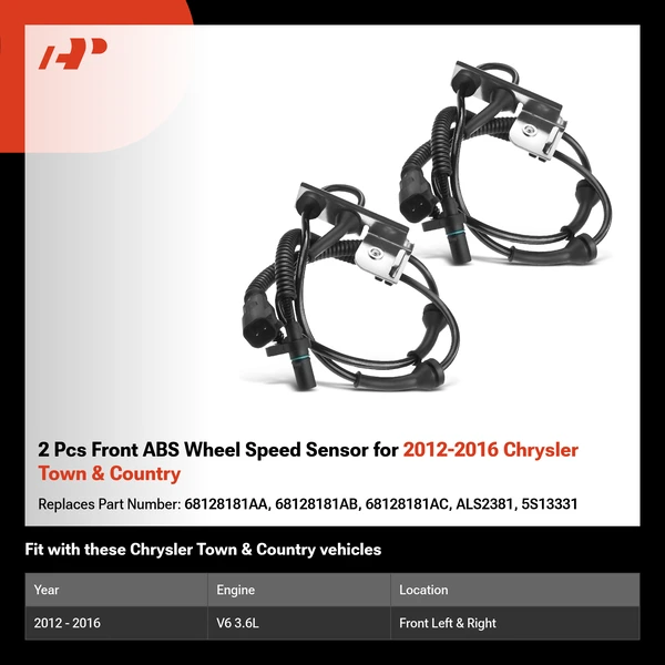 2 Pcs Front ABS Wheel Speed Sensor for 2012-2016 Chrysler Town & Country