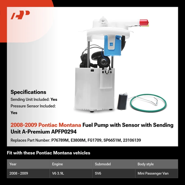 2008-2009 Pontiac Montana Fuel Pump with Sensor with Sending Unit A-Premium APFP0294