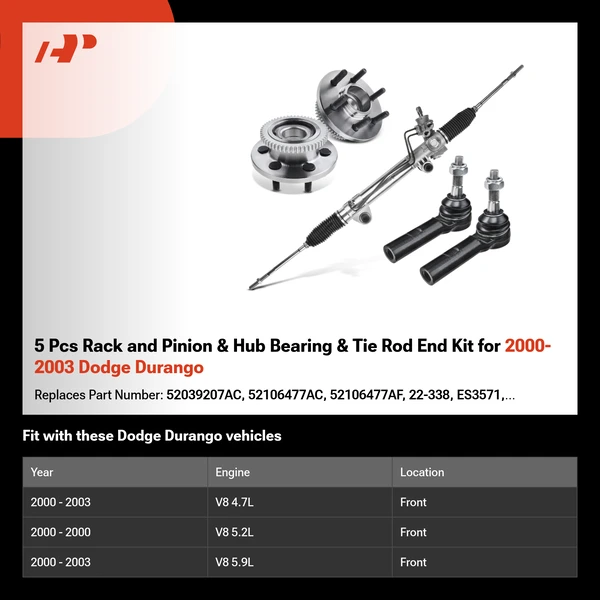 5 Pcs Rack and Pinion & Hub Bearing & Tie Rod End Kit for 2000-2003 Dodge Durango