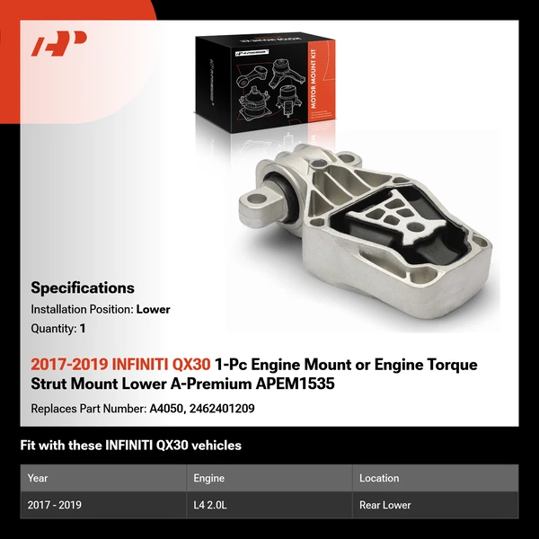 2017-2019 INFINITI QX30 1-Pc Engine Mount or Engine Torque Strut Mount Lower A-Premium APEM1535