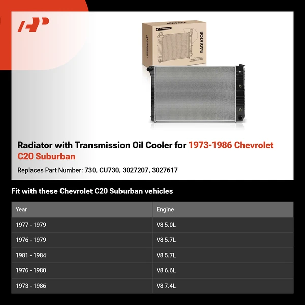 Radiator with Transmission Oil Cooler for 1973-1986 Chevrolet C20 Suburban