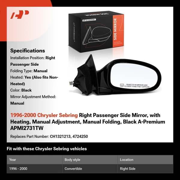 1996-2000 Chrysler Sebring Right Passenger Side Mirror, with Heating, Manual Adjustment, Manual Folding, Black A-Premium APMI2731TW