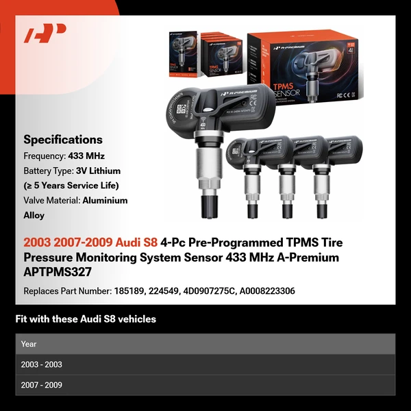 2003 2007-2009 Audi S8 4-Pc Pre-Programmed TPMS Tire Pressure Monitoring System Sensor 433 MHz A-Premium APTPMS327