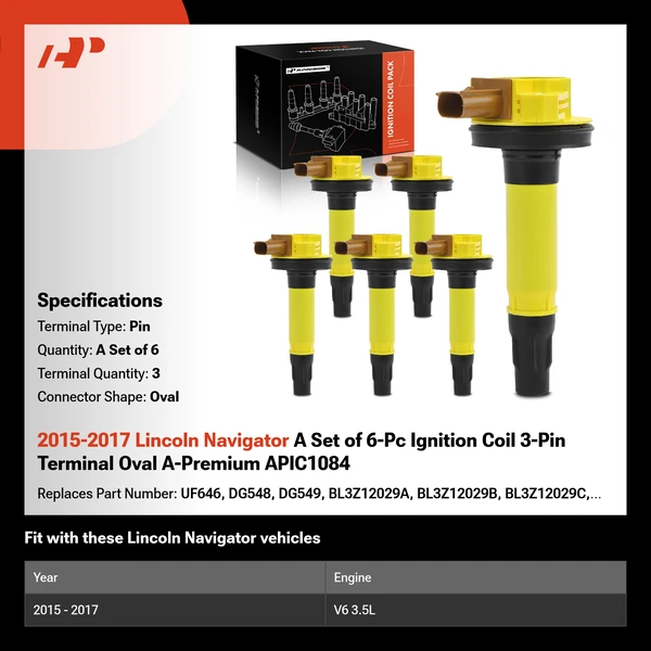 2015-2017 Lincoln Navigator A Set of 6-Pc Ignition Coil 3-Pin Terminal Oval A-Premium APIC1084