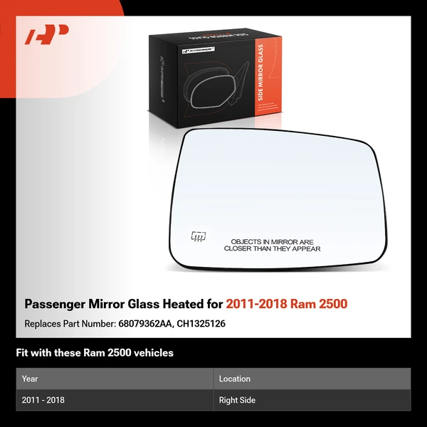 Passenger Mirror Glass Heated for 2011-2018 Ram 2500
