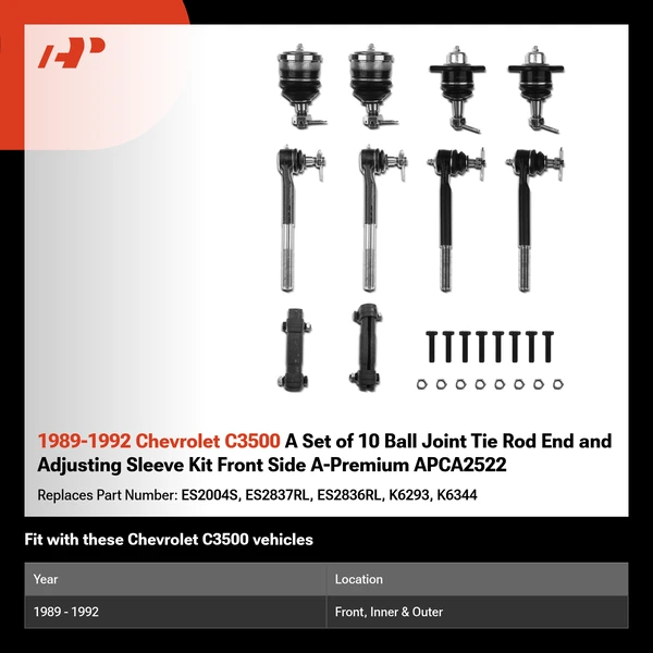 1989-1992 Chevrolet C3500 A Set of 10 Ball Joint Tie Rod End and Adjusting Sleeve Kit Front Side A-Premium APCA2522