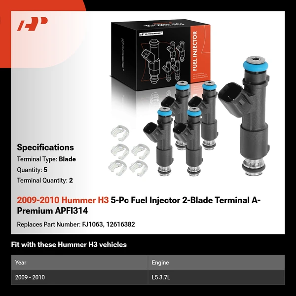 2009-2010 Hummer H3 5-Pc Fuel Injector 2-Blade Terminal A-Premium APFI314