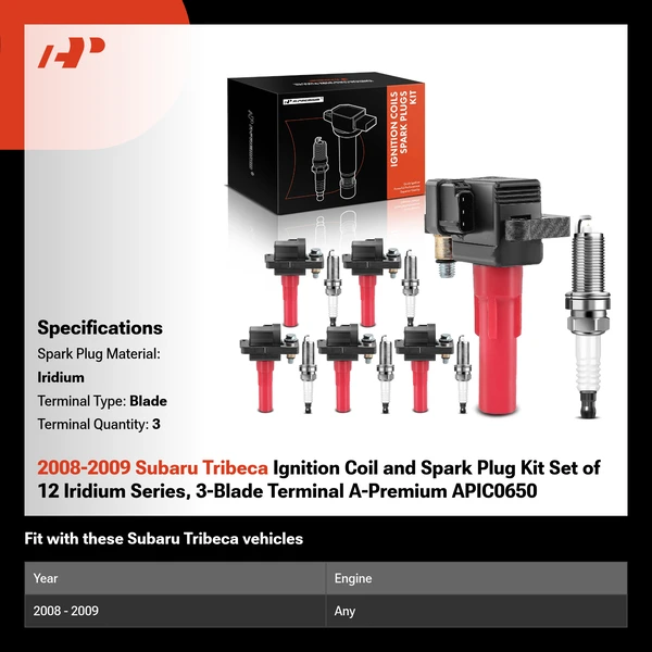 2008-2009 Subaru Tribeca Ignition Coil and Spark Plug Kit Set of 12 Iridium Series, 3-Blade Terminal A-Premium APIC0650