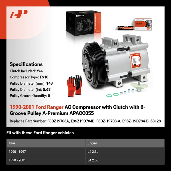 1990-2001 Ford Ranger AC Compressor with Clutch with 6-Groove Pulley A-Premium APACC055