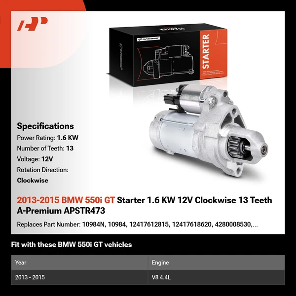 2013-2015 BMW 550i GT Starter 1.6 KW 12V Clockwise 13 Teeth A-Premium APSTR473