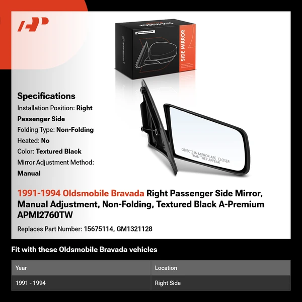 1991-1994 Oldsmobile Bravada Right Passenger Side Mirror, Manual Adjustment, Non-Folding, Textured Black A-Premium APMI2760TW
