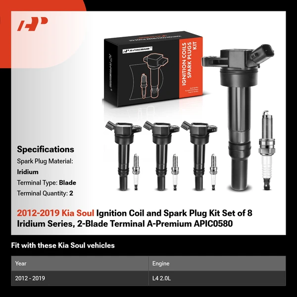 2012-2019 Kia Soul Ignition Coil and Spark Plug Kit Set of 8 Iridium Series, 2-Blade Terminal A-Premium APIC0580