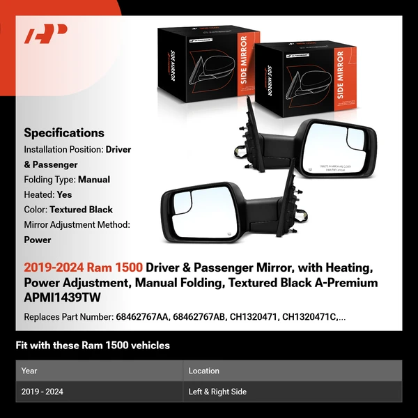 2019-2024 Ram 1500 Driver & Passenger Mirror, with Heating, Power Adjustment, Manual Folding, Textured Black A-Premium APMI1439TW