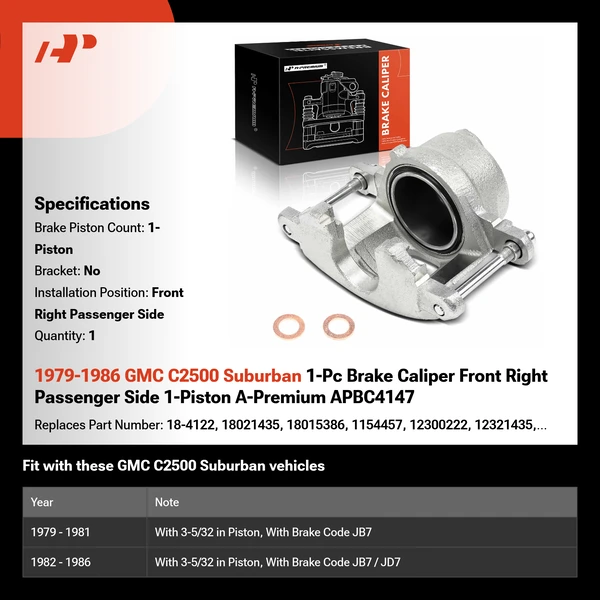1979-1986 GMC C2500 Suburban 1-Pc Brake Caliper Front Right Passenger Side 1-Piston A-Premium APBC4147
