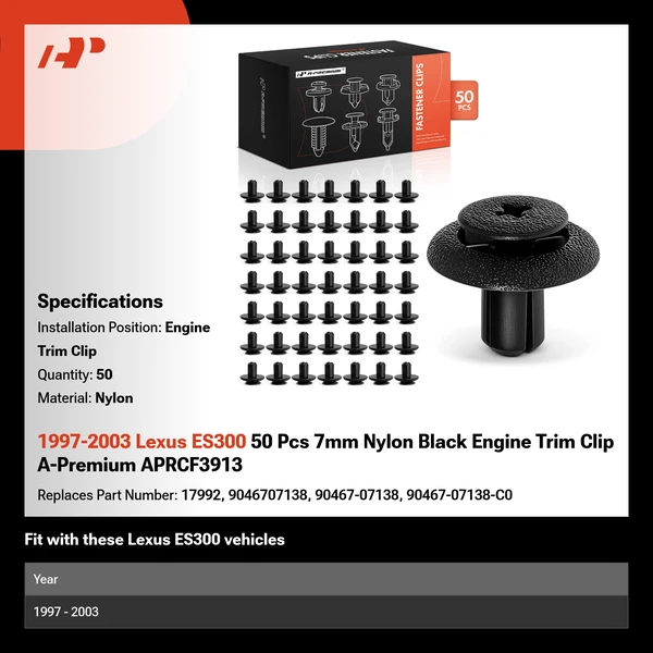 1997-2003 Lexus ES300 50 Pcs 7mm Nylon Black Engine Trim Clip A-Premium APRCF3913