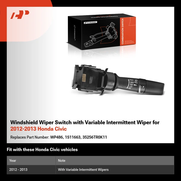 Windshield Wiper Switch with Variable Intermittent Wiper for 2012-2013 Honda Civic