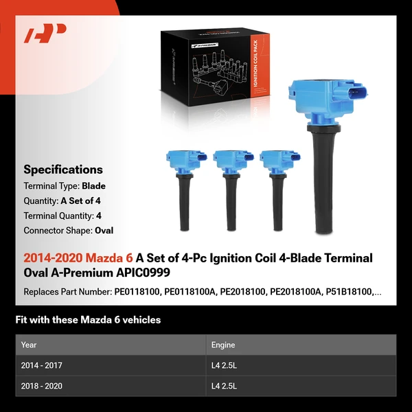 2014-2020 Mazda 6 A Set of 4-Pc Ignition Coil 4-Blade Terminal Oval A-Premium APIC0999