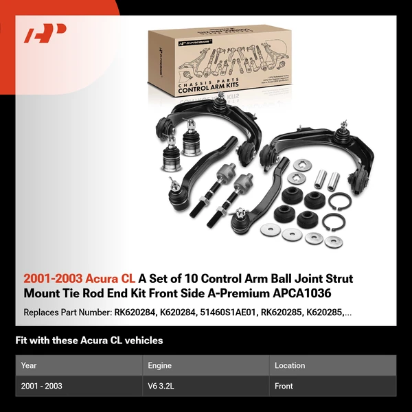 2001-2003 Acura CL A Set of 10 Control Arm Ball Joint Strut Mount Tie Rod End Kit Front Side A-Premium APCA1036