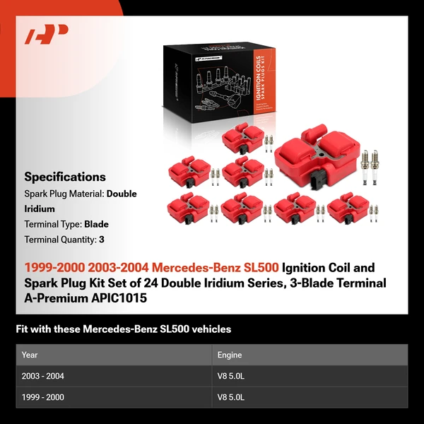 1999-2000 2003-2004 Mercedes-Benz SL500 Ignition Coil and Spark Plug Kit Set of 24 Double Iridium Series, 3-Blade Terminal A-Premium APIC1015