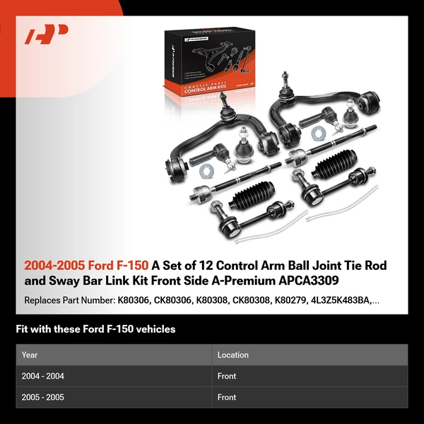 2004-2005 Ford F-150 A Set of 12 Control Arm Ball Joint Tie Rod and Sway Bar Link Kit Front Side A-Premium APCA3309