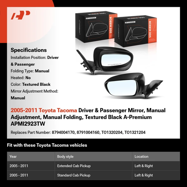 2005-2011 Toyota Tacoma Driver & Passenger Mirror, Manual Adjustment, Manual Folding, Textured Black A-Premium APMI2923TW